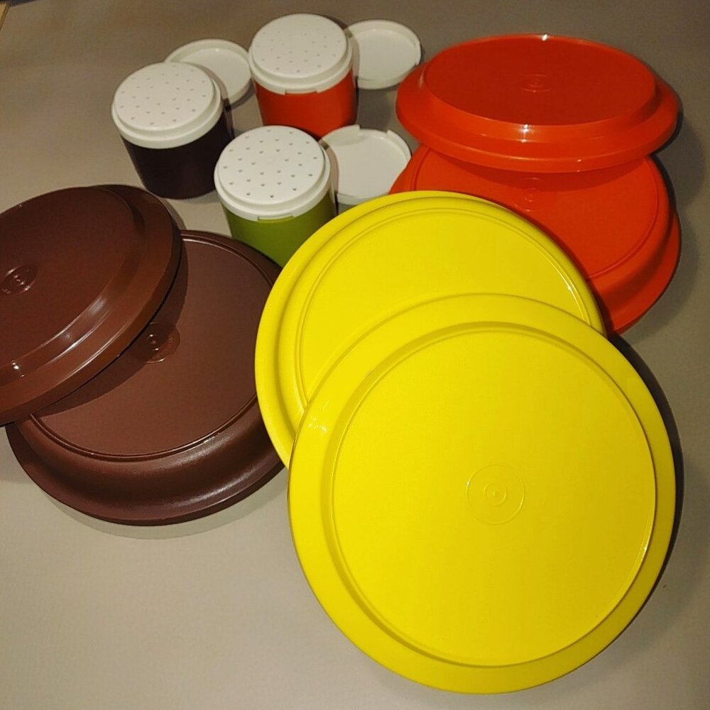 Tupperware Lid Container Multi Lot Bright Yellow Orange Brown Olive 15 Pieces